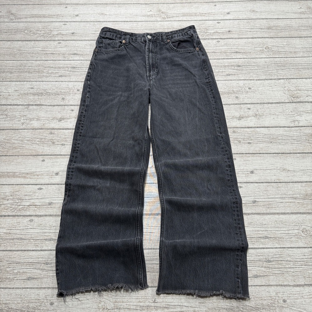 Zara Jeans Women's 8 Black Denim High Rise Wide Leg Relaxed Raw Hem Streetwear